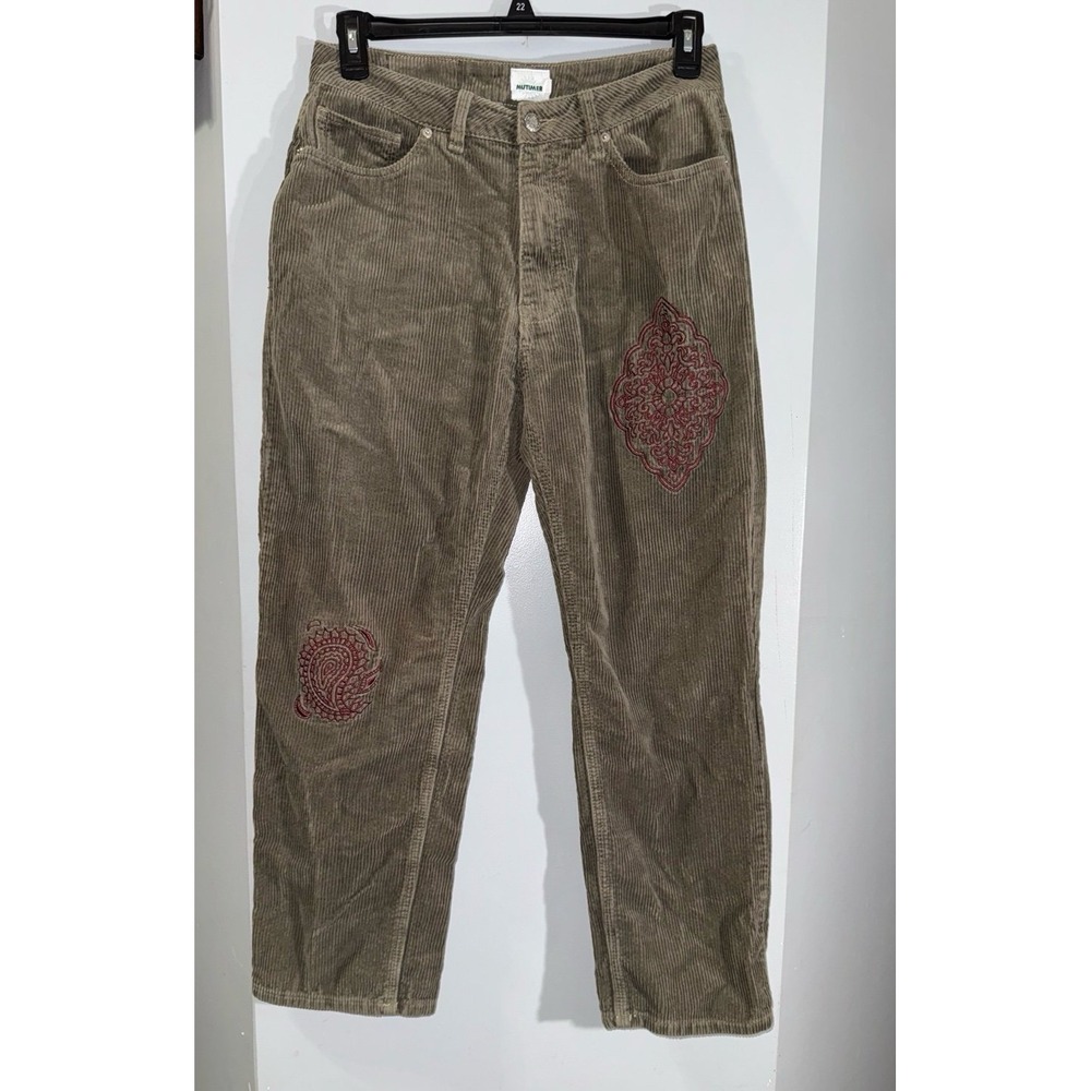 Mutimer brown corduroy jeans with red paisley‎ patch embroidery women's 30"
